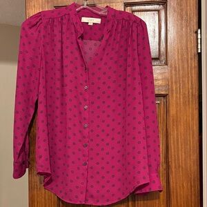LOFT Magenta Dot-Print Button Blouse